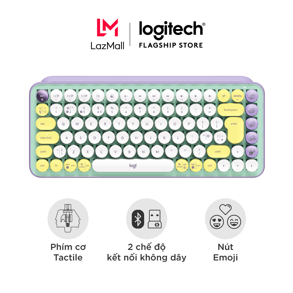 Bàn phím cơ không dây bluetooth | USB Logitech POP KEYS - với 8 phím emoji có thể điều chỉnh, switch tactile, kết nối 3 thiết bị