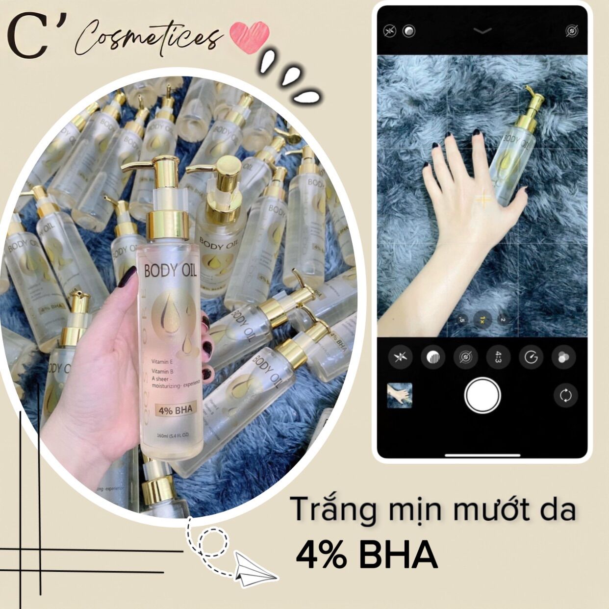 Dầu dưỡng body oil 4% bha trắng da mịn mướt da căng bóng