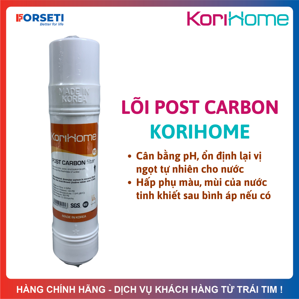 Lõi Lọc Nước Post Carbon Korihome Hàn Quốc - 10inch U-Type Hấp Thụ Màu Mùi, Cân Bằng Độ pH Giúp Tăng Vị Tươi Mát Của Nước...