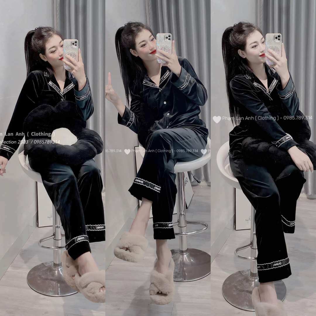 set bộ pijama, set bộ mặc nhà nhung viền chà neo