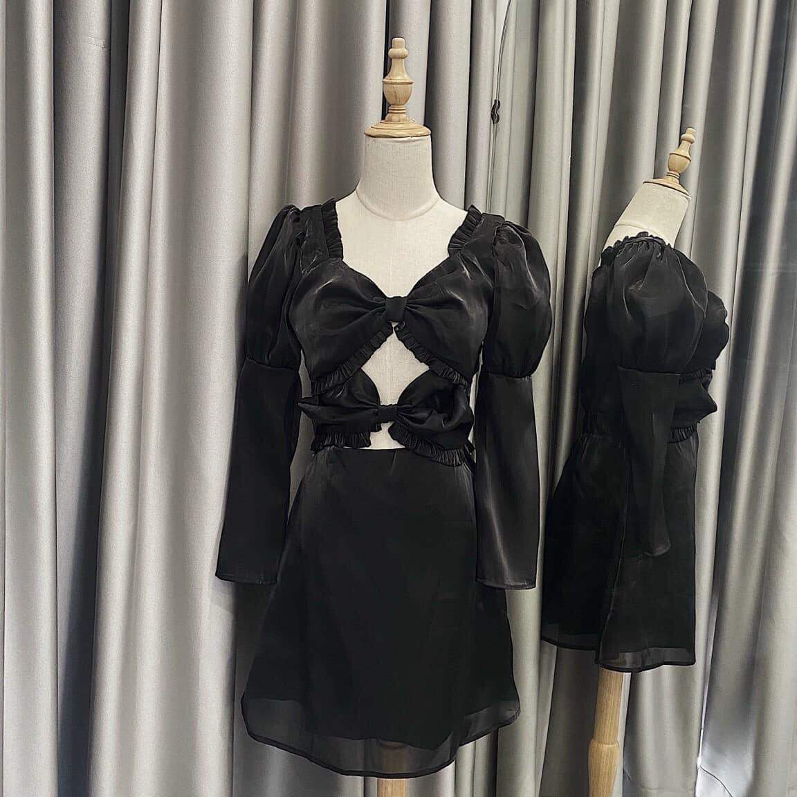 Đầm đen tay dài chất liệu voan organza