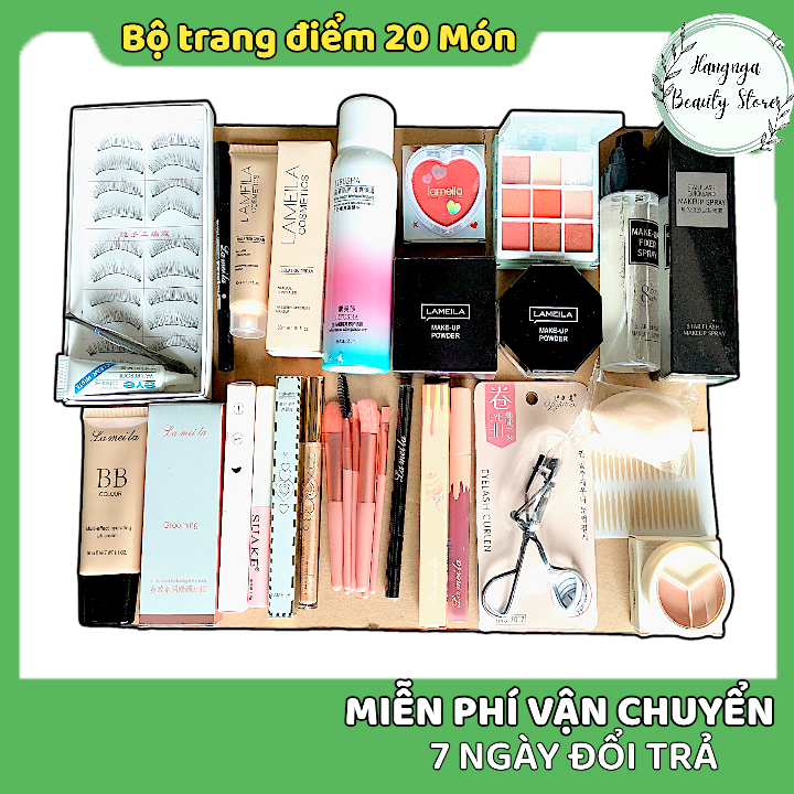 Bộ trang điểm 20 món (HN01) make up có xịt khoá nền, kem nền, phấn mắt, che khuyết điểm, bộ cọ, son, phấn phủ... đầy đủ như hình Mỹ Phẩm Nữ