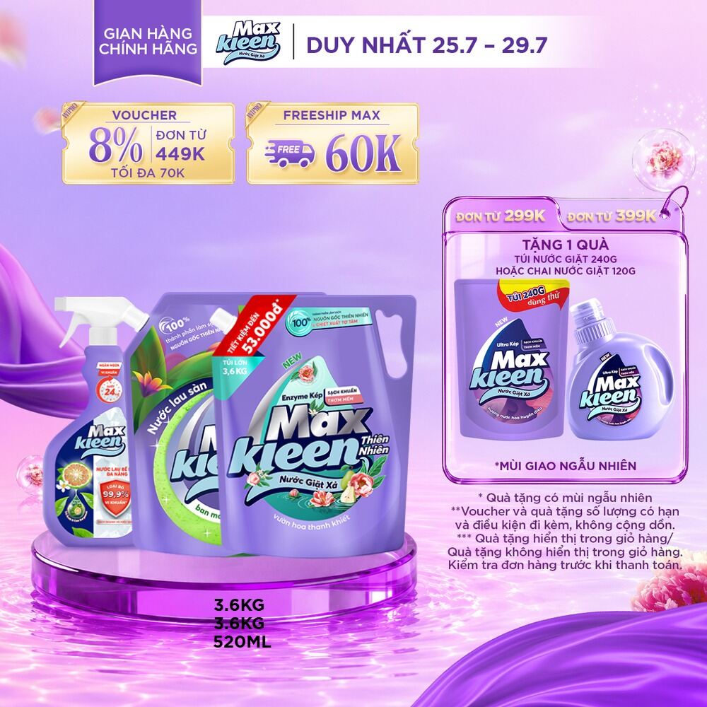 Combo Túi Nước Lau Sàn 3.6kg + Túi Nước Giặt Xả MaxKleen Thiên Nhiên 3.6kg + Chai nước lau bề mặt đa năng