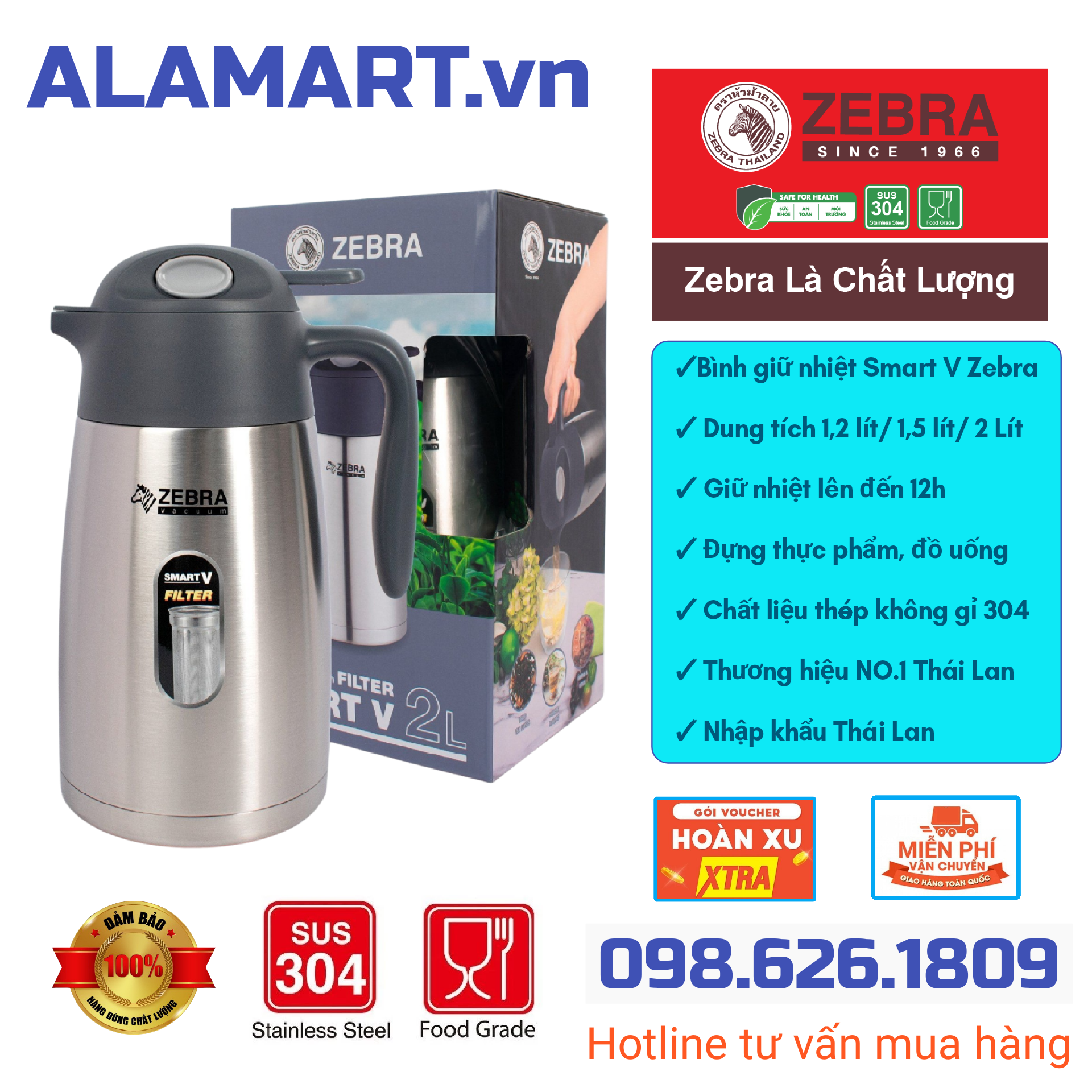 Bình giữ nhiệt Inox Smart V Zebra Thái Lan có Lọc trà