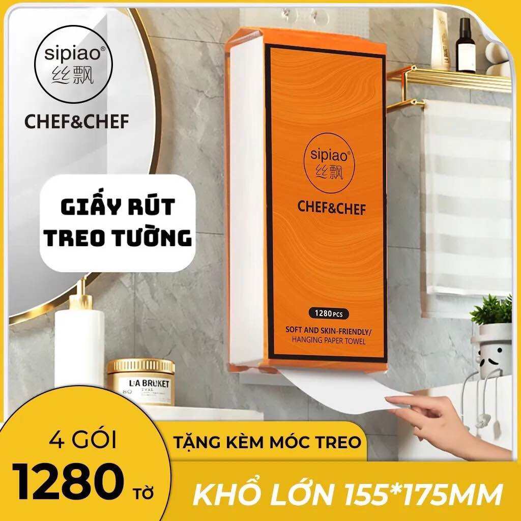 Thùng 4 túi giấy rút treo tường Sipiao Chef&Chef 1280 tờ .Phù hợp để trong nhà tắm, nàh bếp, phòng ngủ, phòng khách . Khăn giấy - Giấy vệ sinh