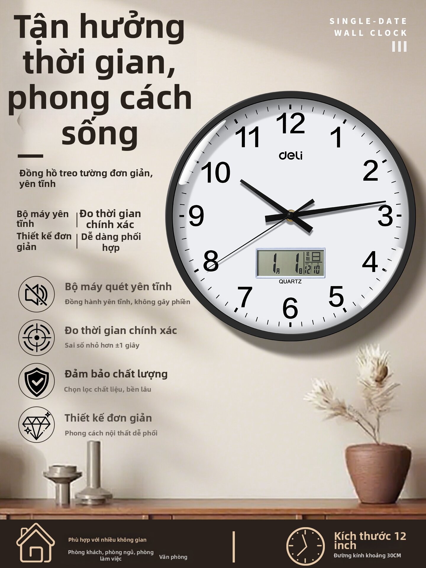 deli | Đồng Hồ Tường Đa Năng Hiển Thị Lịch im lặng