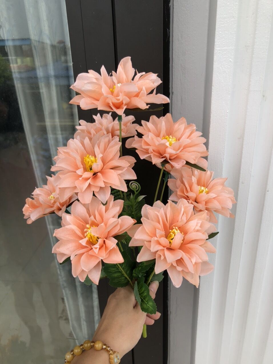 Cụm Hoa Thược Dược 9 bông Size 8cm_ Hoa Lụa Cao Cấp