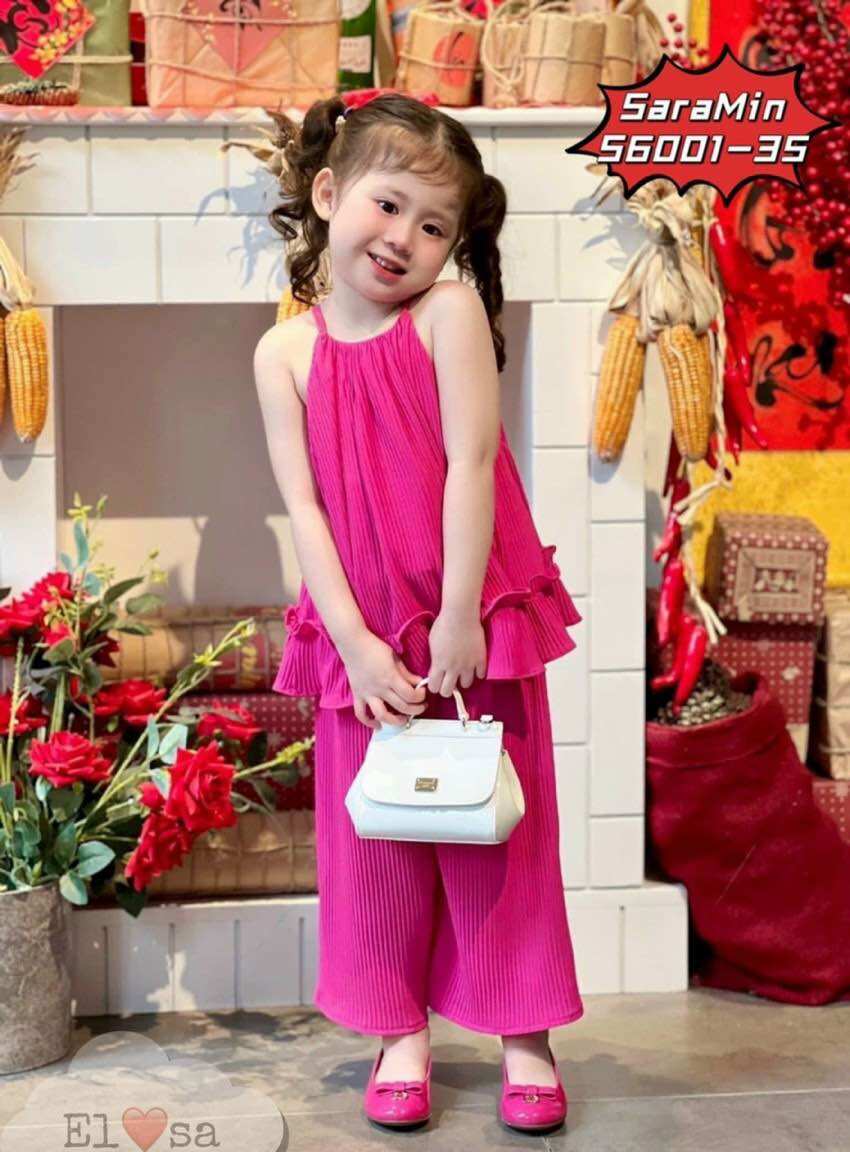 Set bộ dập li quần ống rộng bé gái