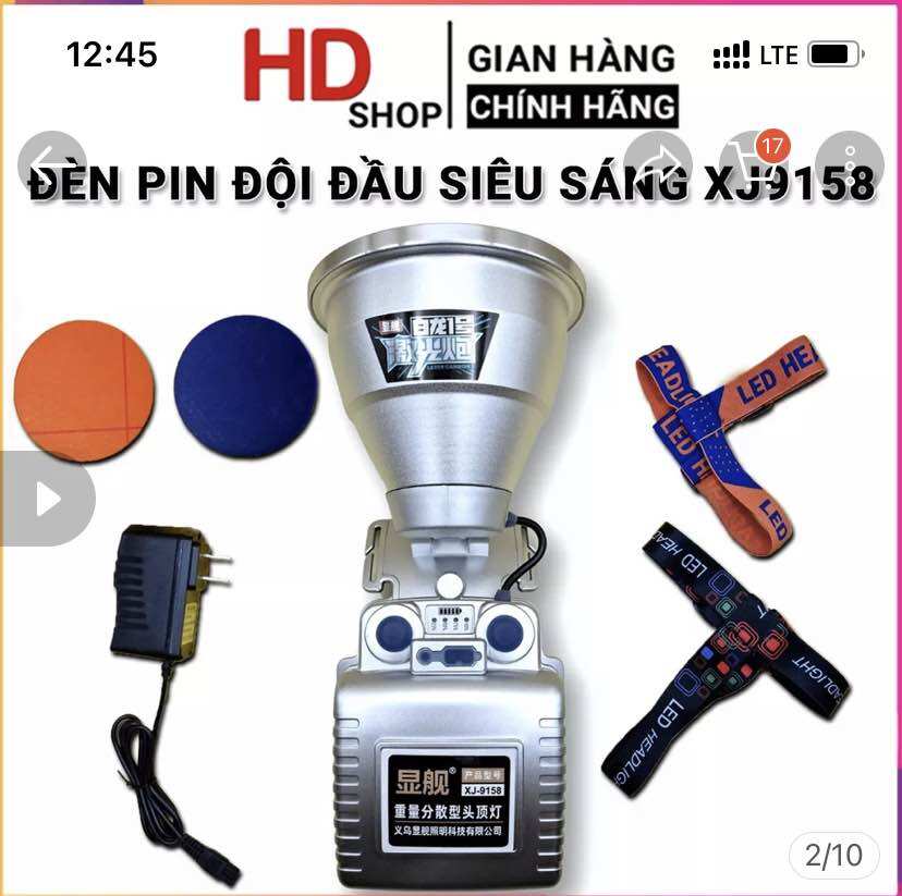 Đèn pin đội đầu led siêu sáng Xj 9158, chiếu xa 500-1000m, kèm choá xanh và choá vàng