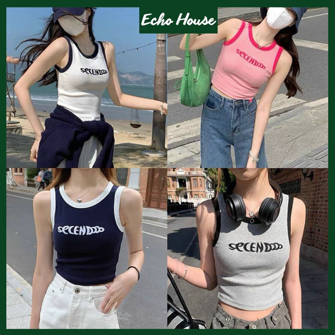 Áo ba lỗ nữ viền thêu chữ - áo croptop - áo thun