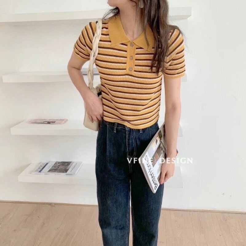Áo cộc tay cổ polo kẻ ngang cá tính