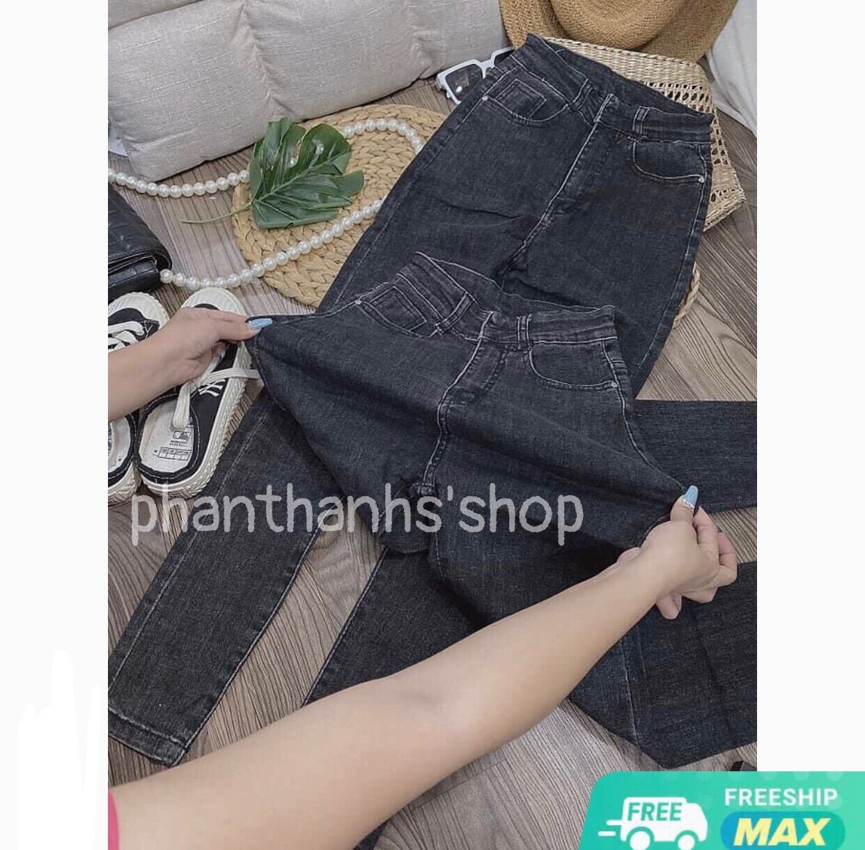 quần jean bò cạp lưng cao trơn