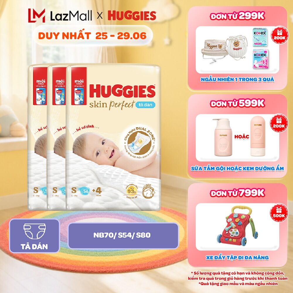 Thùng 3 gói Tã Dán Sơ Sinh Huggies Skin Perfect NB70/S54/S80 Với 2 Vùng Thấm Giảm Kích Ứng Da