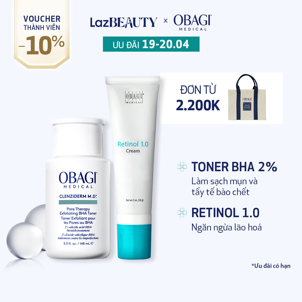 Bộ đôi dưỡng da Toner BHA làm sạch mụn và tẩy tế bào chết Obagi Medical Clenziderm M.D 148ml và Kem Chống Lão Hóa & Tái Tạo Da Obagi 360 Retinol 1.0 28g