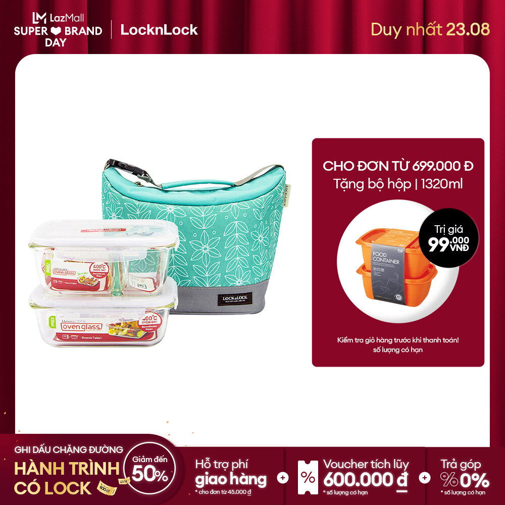 [Duy nhất 23.8 - Mua ngay] LLG428M2 Bộ Hộp Cơm Thủy Tinh Mint Lock&Lock - thiết kế gọn nhẹ dùng để đựng thức ăn đi học đi làm dã ngoại Hàng chính hãng