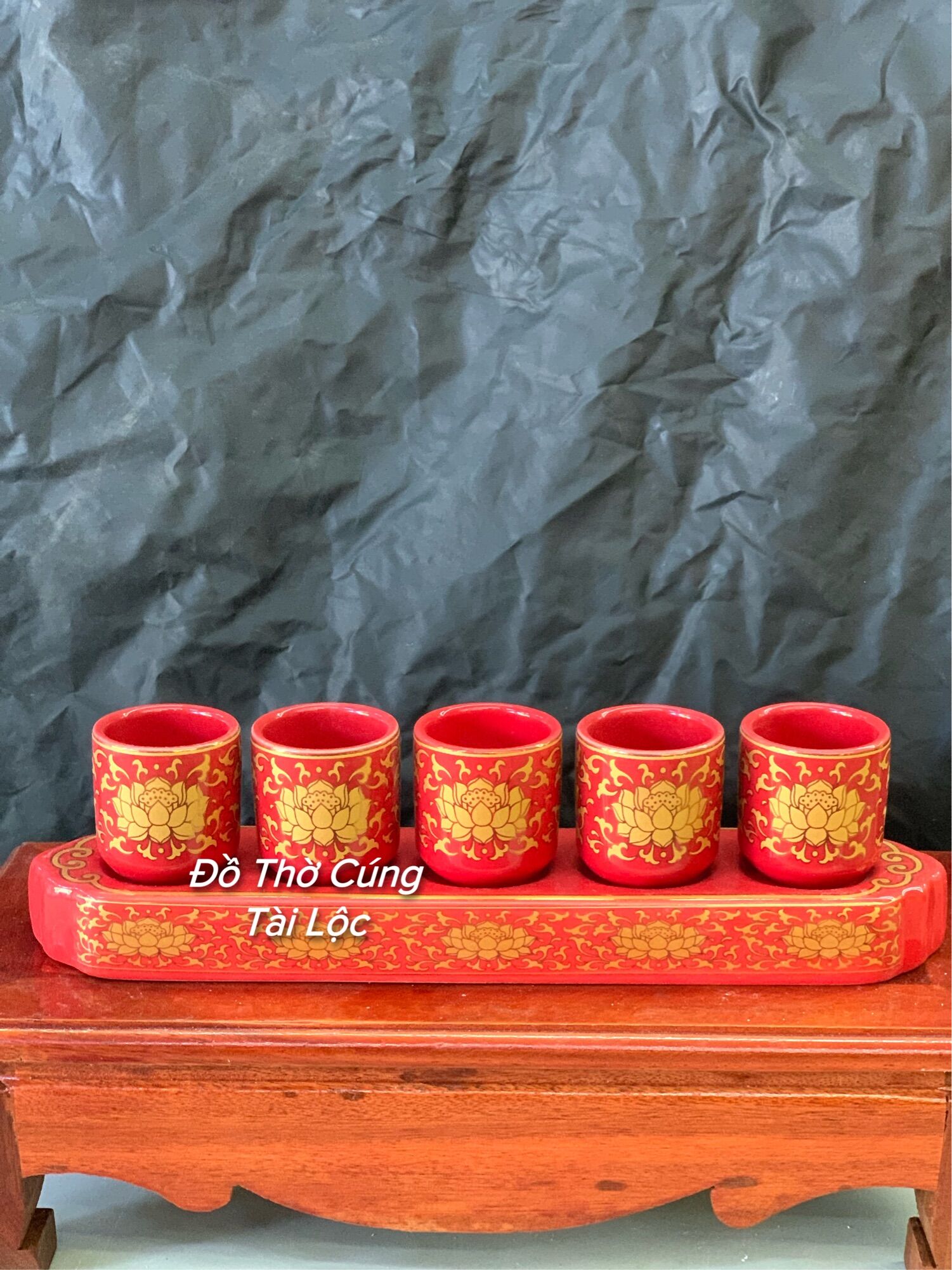Bộ kỷ 5 chén nước màu đỏ gấm cao cấp, kỷ 3 chén/ 5 chén nước thờ cúng