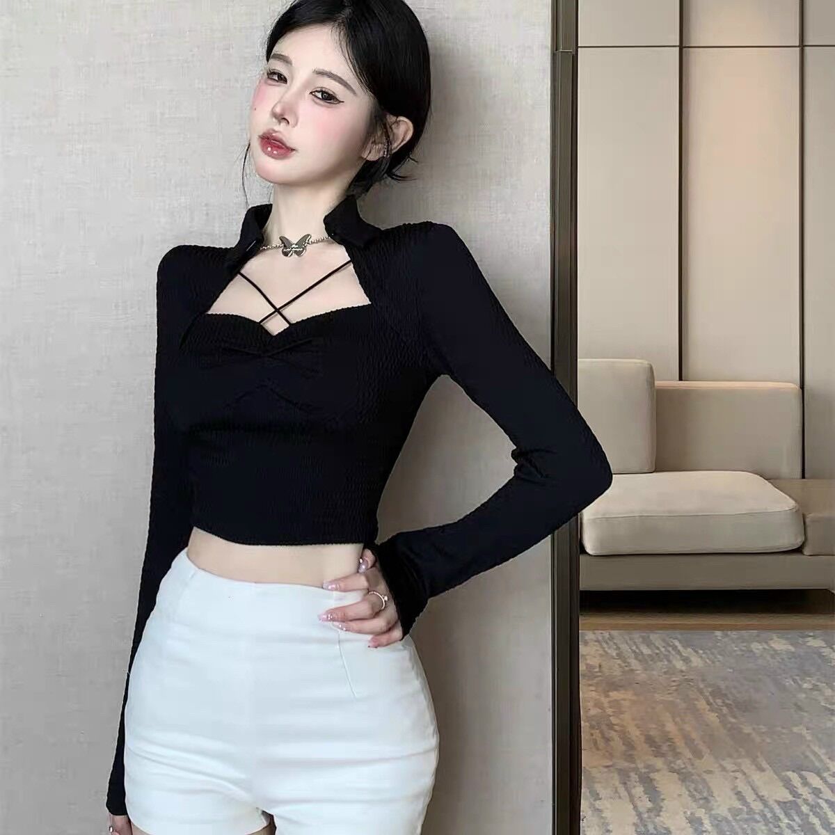 Áo tay dài cổ bẻ kiểu yếm mới BG