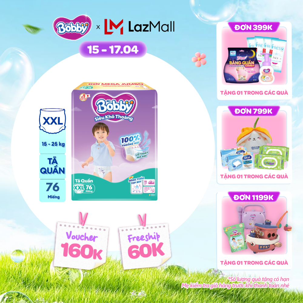 [CHỈ 18-24.04 QT Đơn 899K/1199K]Tã/bỉm quần Bobby 3mm Mega Jumbo Gạo non Giảm nhiệt XXL76 [Bao bì thay đổi theo từng đợt nhập hàng]