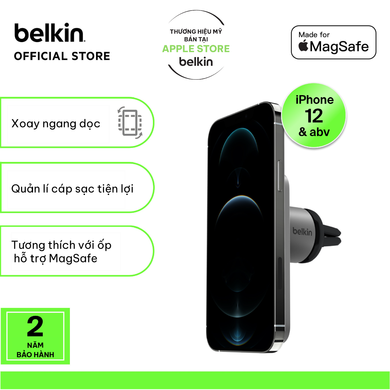 Giá đỡ xe hơi Car Vent Mount PRO with MagSafe Belkin bền bỉ, hiện đại WIC002 (tương thích iPhone 15)