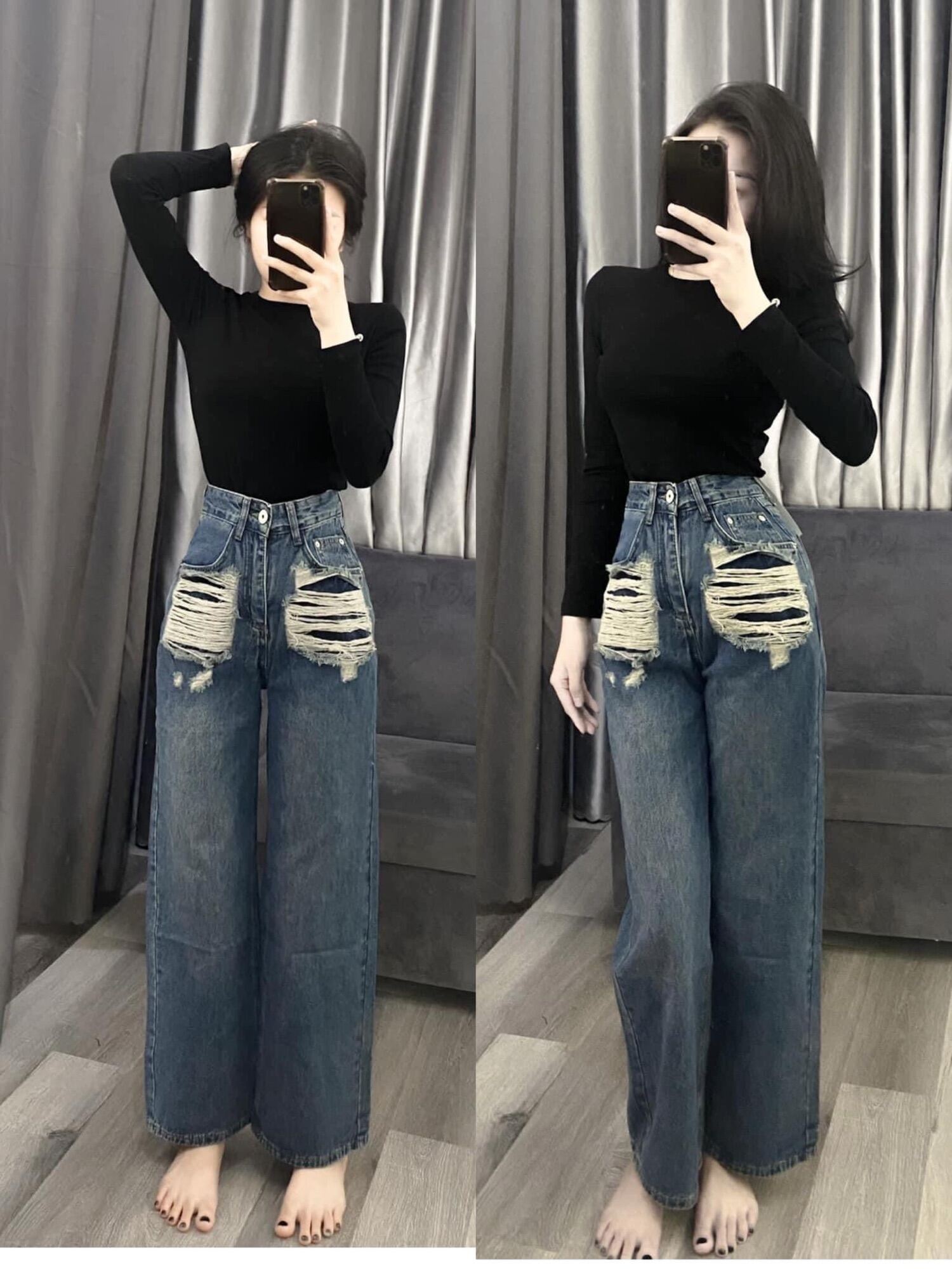 QUẦN JEANS ỐNG RỘNG NỮ LƯNG CAO RÁCH 2 MẢNG TÚI TO XANH LAI CUỐN CỰC HOT HIT SIÊU PHÁ CÁCH