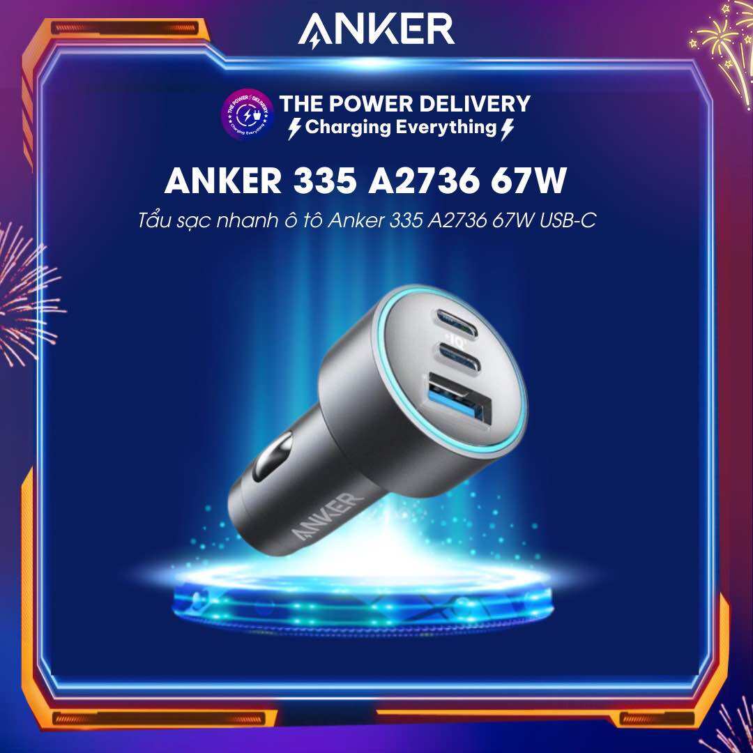 Tẩu sạc nhanh ô tô Anker 335 A2736 67W USB-C hỗ trợ PD PPS với PIQ 3.0 3 cổng nhỏ gọn có LED quanh v