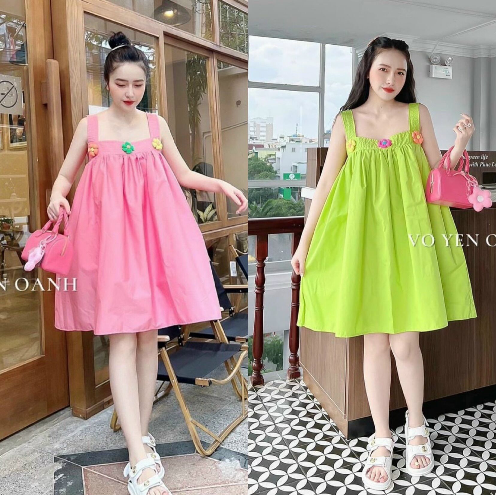 Đầm babydoll phối hoa váy xoè Ulzzang siêu dễ thương cao cấp chuẩn đẹp