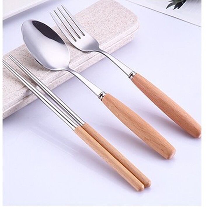 Bộ Muỗng Đũa Nĩa Inox Cán Gỗ - Có Hộp Đựng Lúa Mạch Sang Trọng - Tiện Lợi Mang Đi