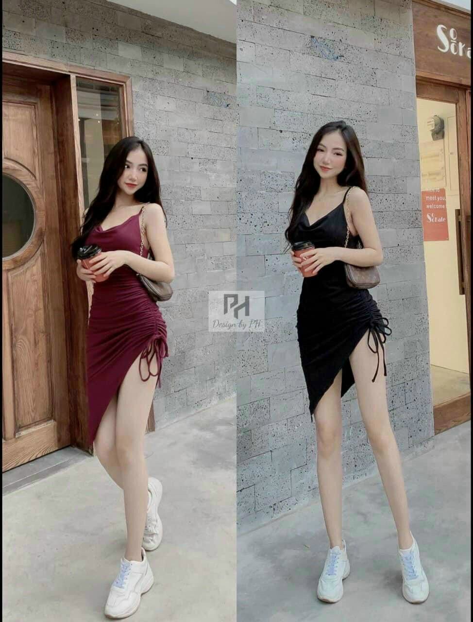 HCM đầm body rút sexy quyến rũ 2 màu đỏ đen