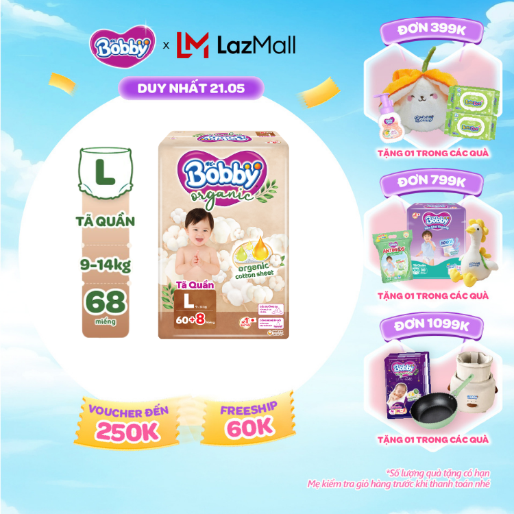 [SALE CUỐI THÁNG tặng QUÀ TO-SLCH][MỚI RA MẮT] [TẶNG KÈM 8 MIẾNG] Tã quần cao cấp Bobby Organic chăm sóc dịu nhẹ từ thiên nhiên L60