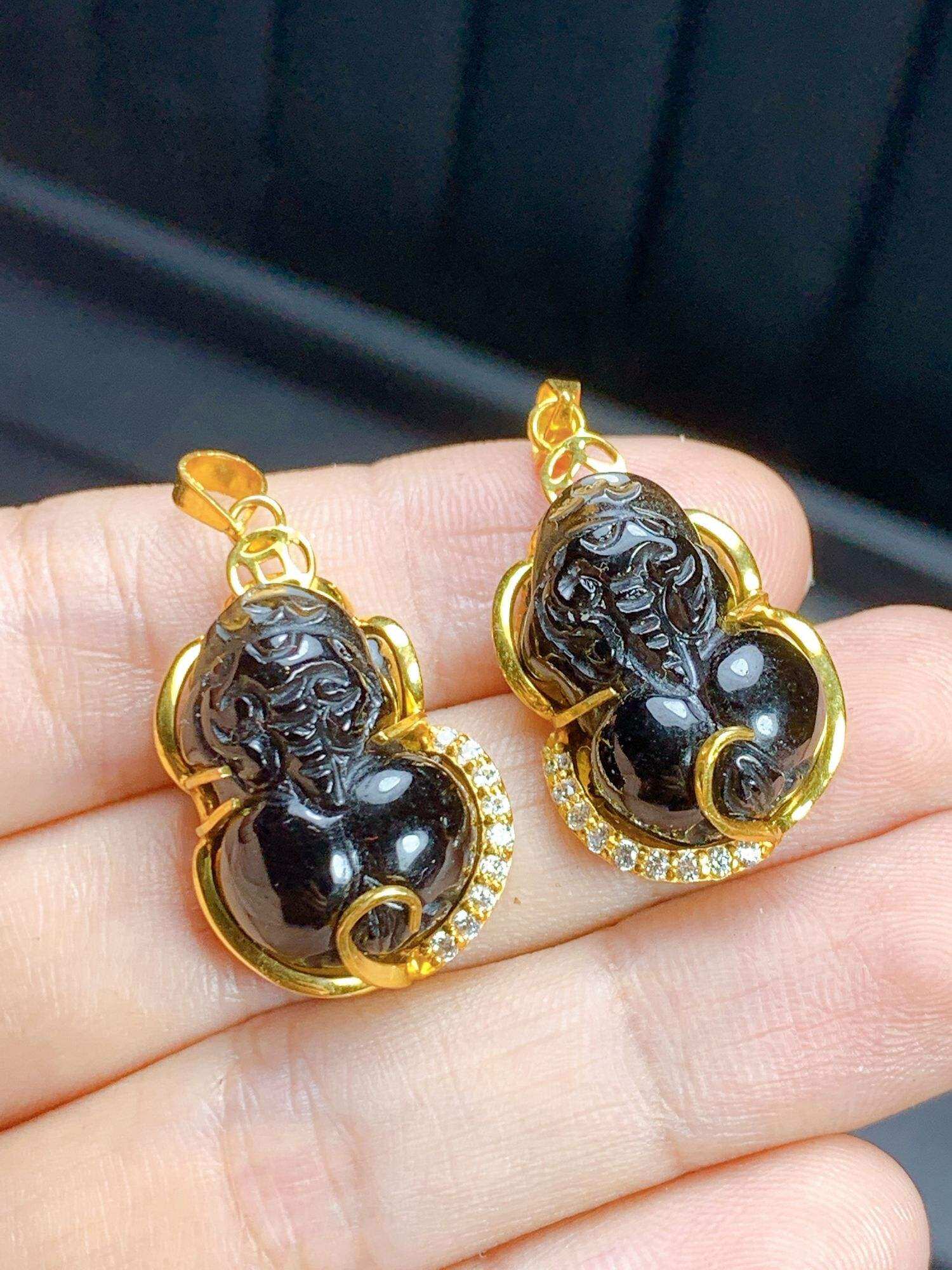 1 mặt dây chuyền tỳ hưu đá thạch anh đen tự nhiên bọc vàng tây 10kara