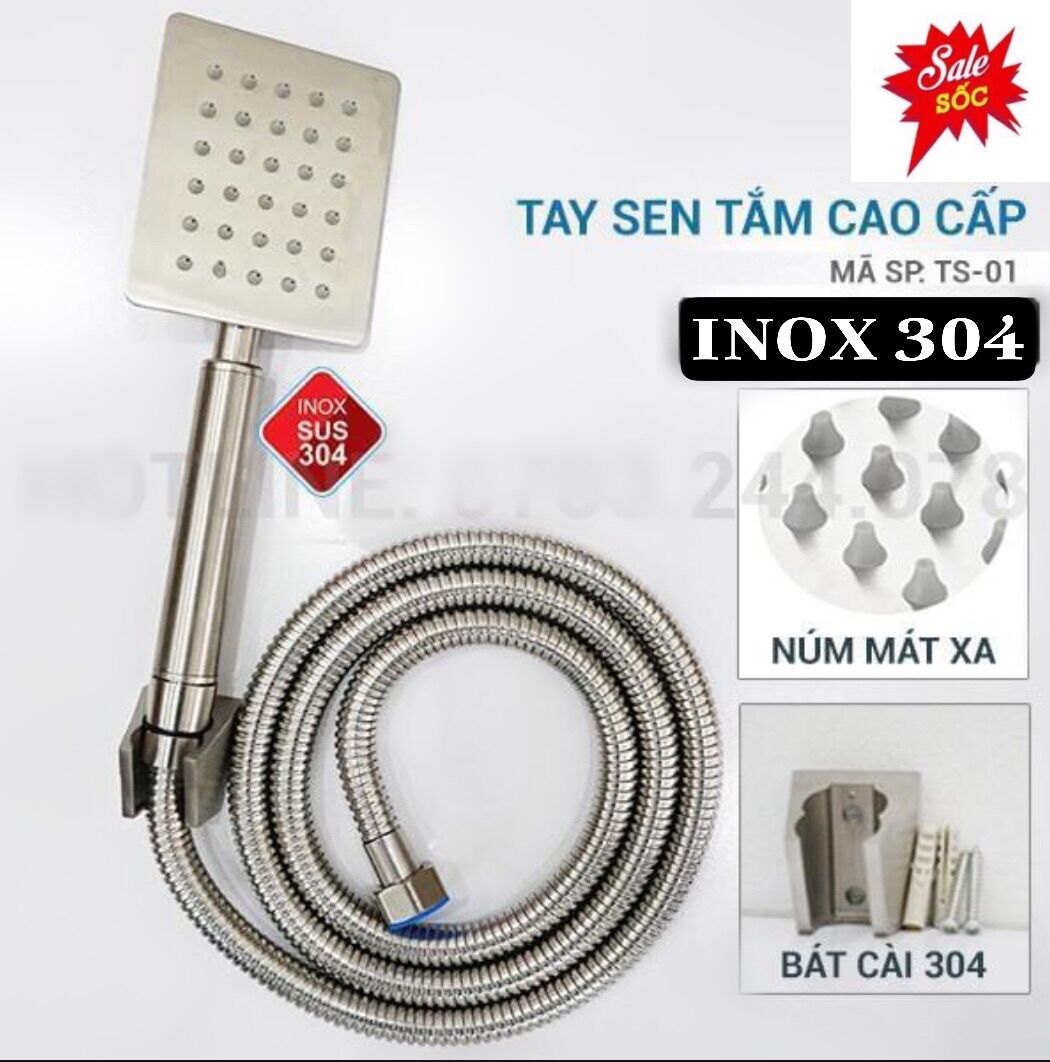 Vòi hoa sen inox 304 vuông ( có kèm dây và gài sen)