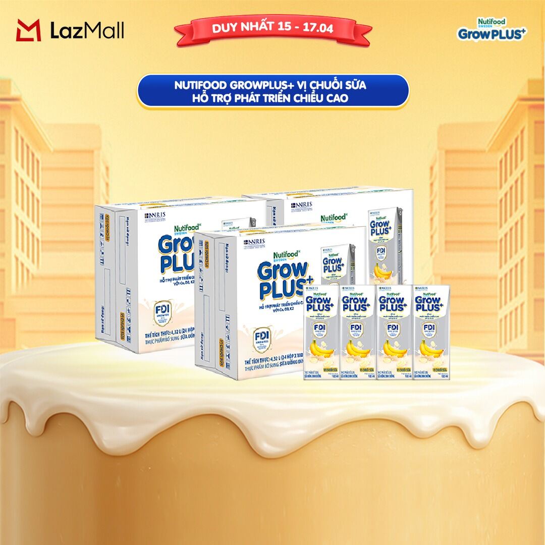 Combo 3 Thùng 24 hộp Sữa bột pha sẵn Nutifood Sweden GrowPLUS+ Vị Chuối Sữa hộp 180ml - Hỗ trợ phát triển chiều cao