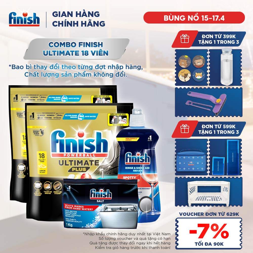 Combo 2 Viên rửa chén Finish Ultimate 18 viên + Nước làm bóng Finish 500ml + Muối rửa chén Finish 1kg