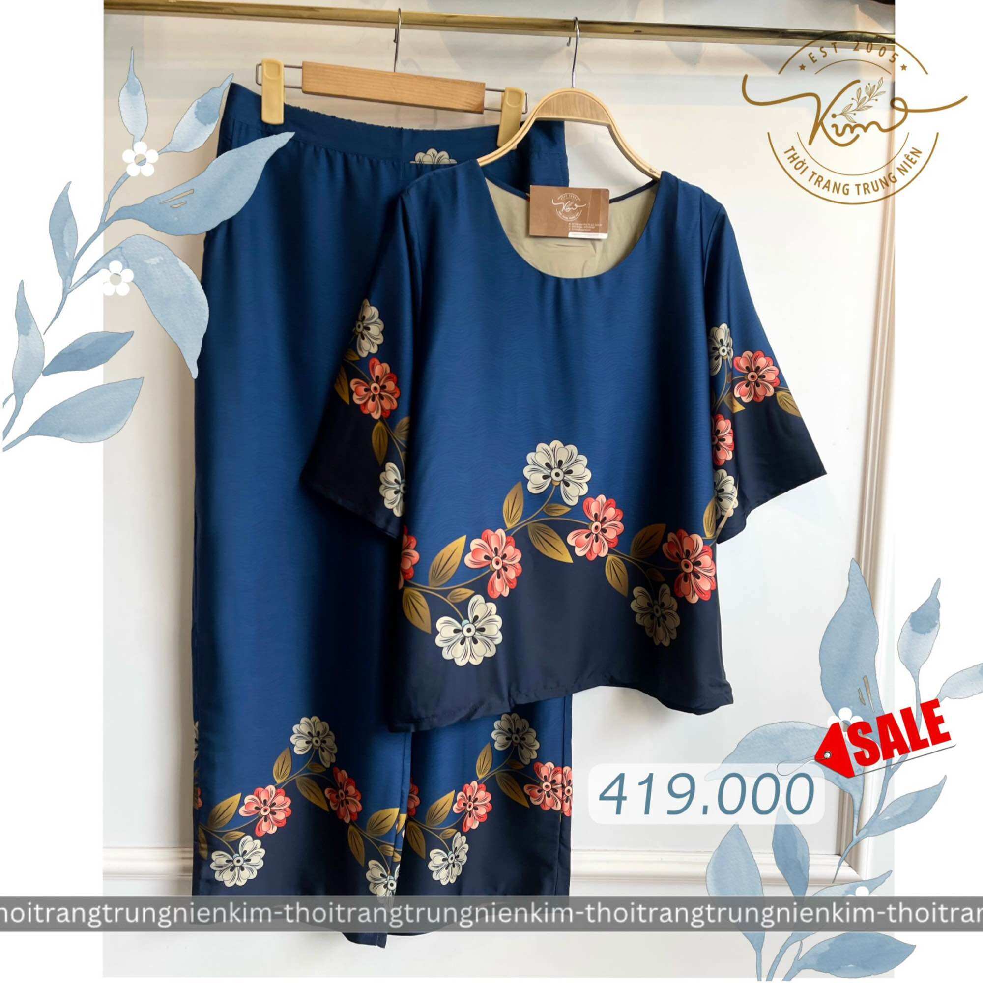 Sét bộ lụa trung niên cao cấp hoa văn hoạ tiết đơn giản xinh xắn Bigsize quần dài 90cm