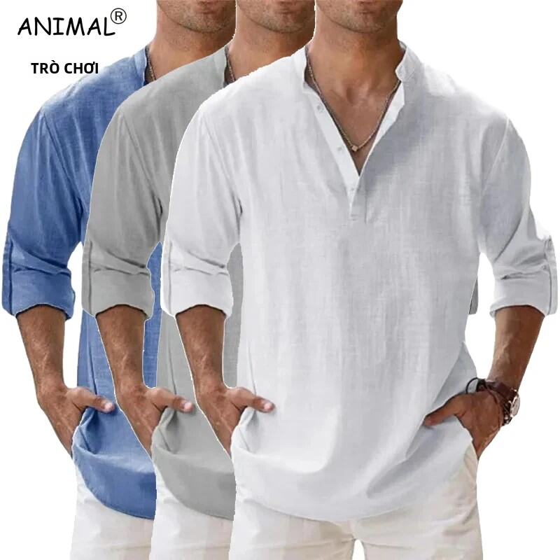 Nam Dạo Phố Nhẹ Tay Dài Henley Áo Sơ Mi Vải Lanh Cotton Thoáng Khí Đi Biển Hawaii Thông Minh Cổ Áo Thun