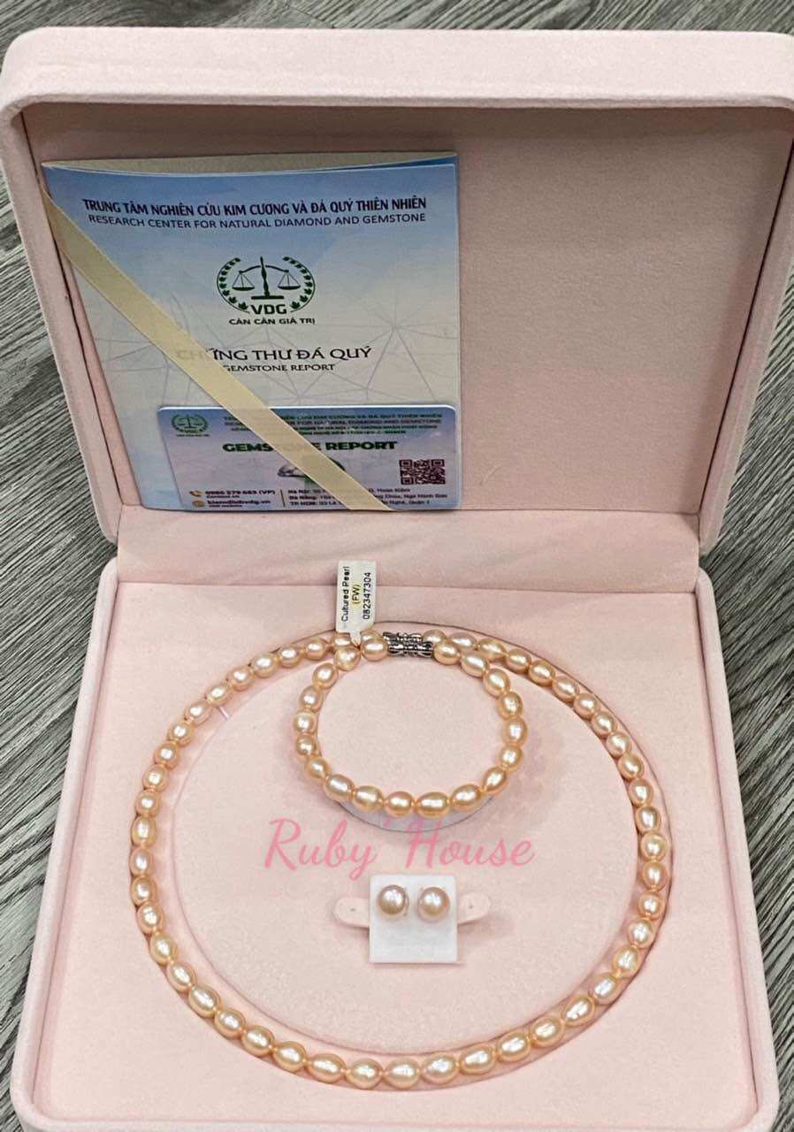 Bộ trang sức ngọc trai nuôi nước ngọt tự nhiên, kiểu hạt bầu dục, hạt xoài, màu Cam