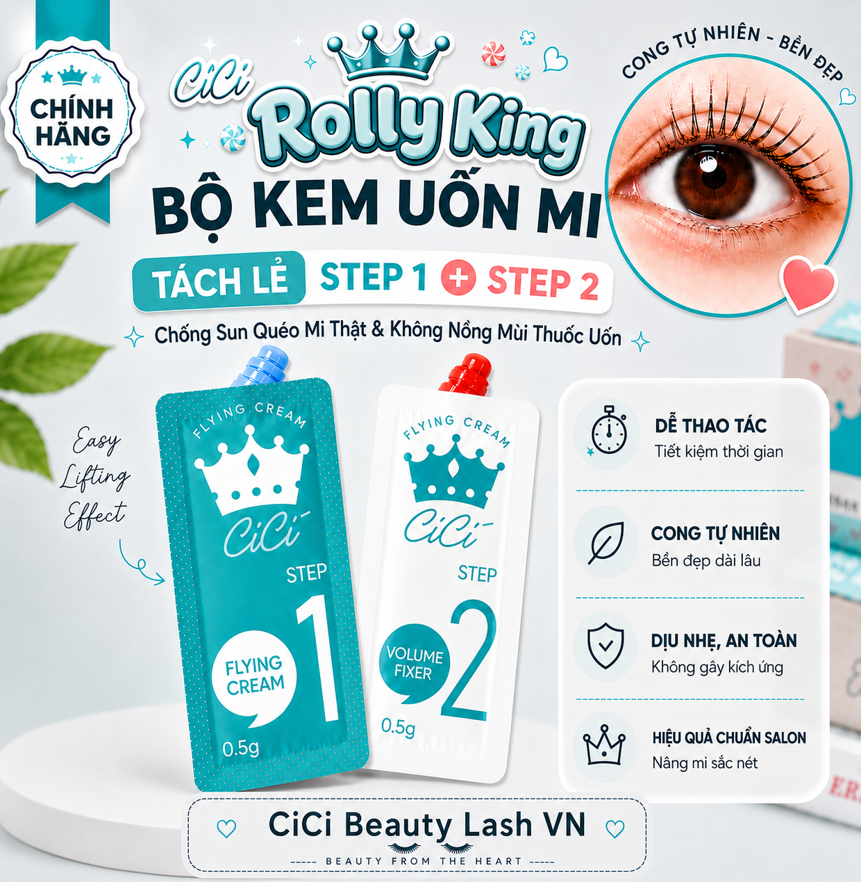 Kem uốn mi Rolly King - Tách Lẻ Step 1&2 - Chống Sung Quéo Mi Thật - Chính Hãng Hàn Quốc