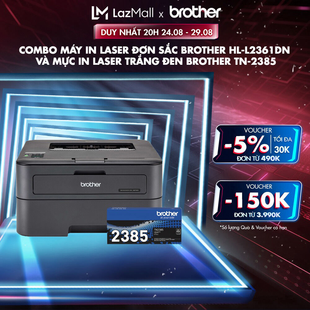 Combo máy in laser đơn sắc brother hl-l2361dn và mực in laser trắng đen brother tn-2385