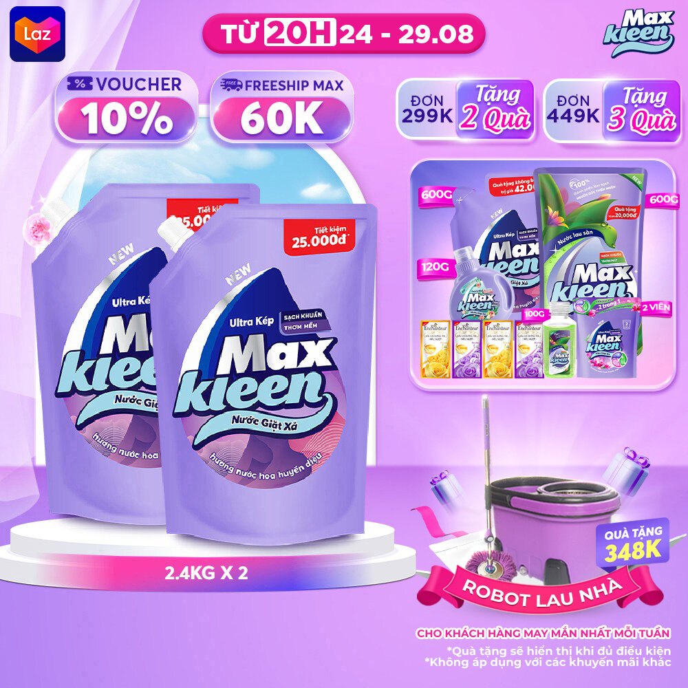 Combo 2 Túi Nước Giặt Xả MaxKleen 2.4kg (Huyền Diệu/ Hoa Nắng/ Vườn Sớm Mai/ Cam Sả)