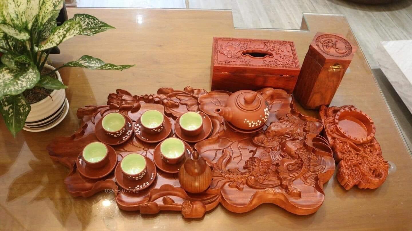 Bộ Ấm Chén Bát Tràng Tử Sa Màu Gỗ In Hoa Mai