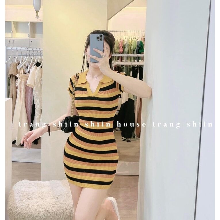 Váy Len Tăm Body Nữ Cổ Đức Kẻ Pha Màu{Kèm ảnh thật}