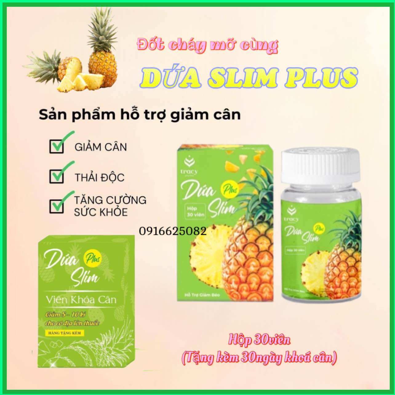 Giảm Cân Cấp Tốc Dứa Slim Plus Giảm Siêu Mạnh tặng kèm khoá cân 30viên
