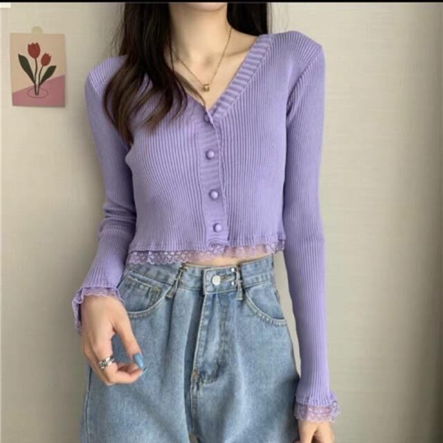Áo len nữ dệt kim cài khuy(4 cúc) pha ren điệu đà
