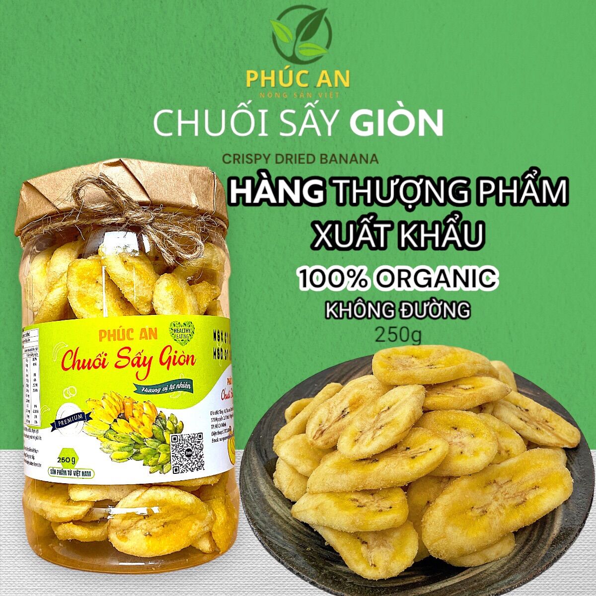 Chuối sấy giòn không đường phúc an lon pet 250g- hàng thượng phẩm