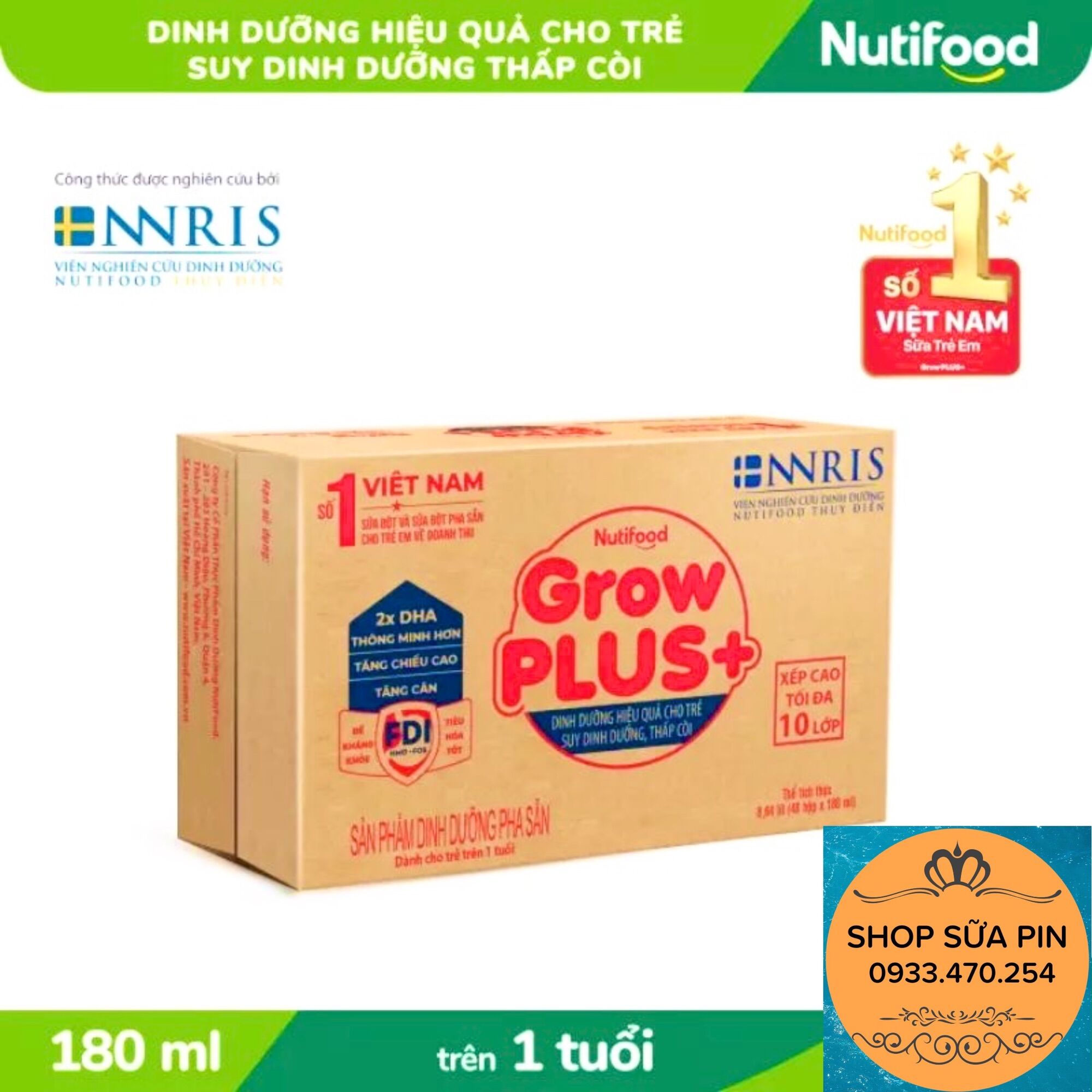 Thùng 48 hộp sữa bột pha sẵn Nuti Growplus đỏ suy dinh dưỡng 180ml