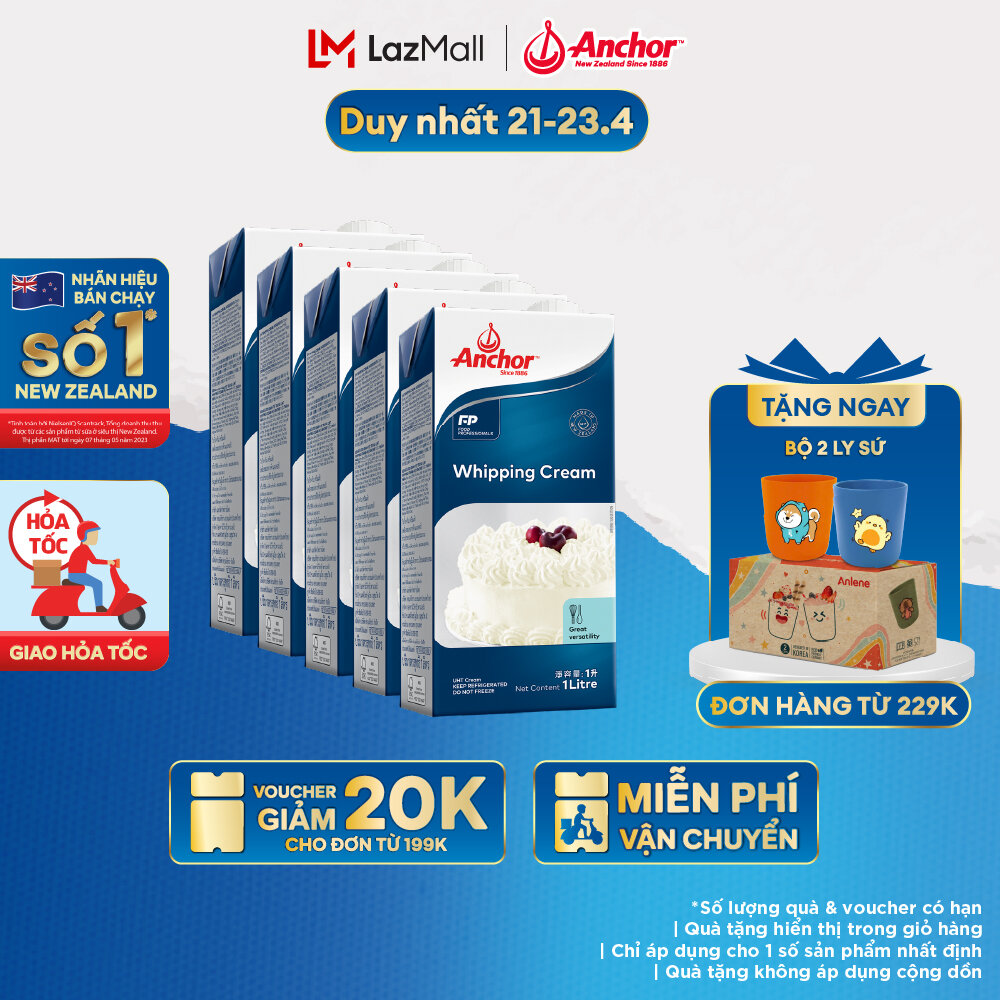 Combo 5 Kem sữa tươi tiệt trùng Anchor Whipping cream hộp 1 lít