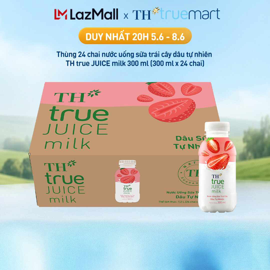 Thùng 24 chai nước uống sữa trái cây TH true JUICE milk dâu tự nhiên 300 ml (300 ml x 24)