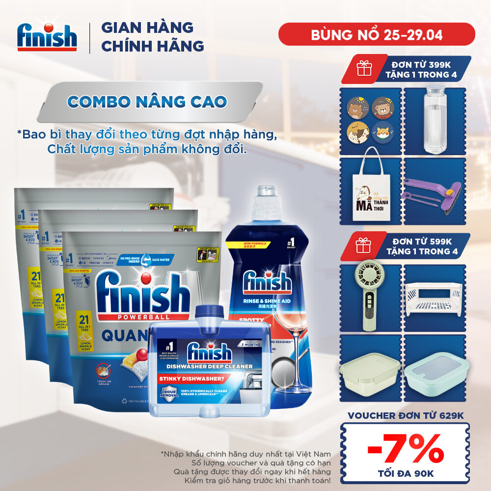 Combo Nâng Cao: 3 X Túi 21 Viên Nước Rửa Bát Powerball Quantum + Nước Làm Bóng Rinse  Shine Aid + Dung Dịch Tẩy Rửa Máy Rửa Chén Bát