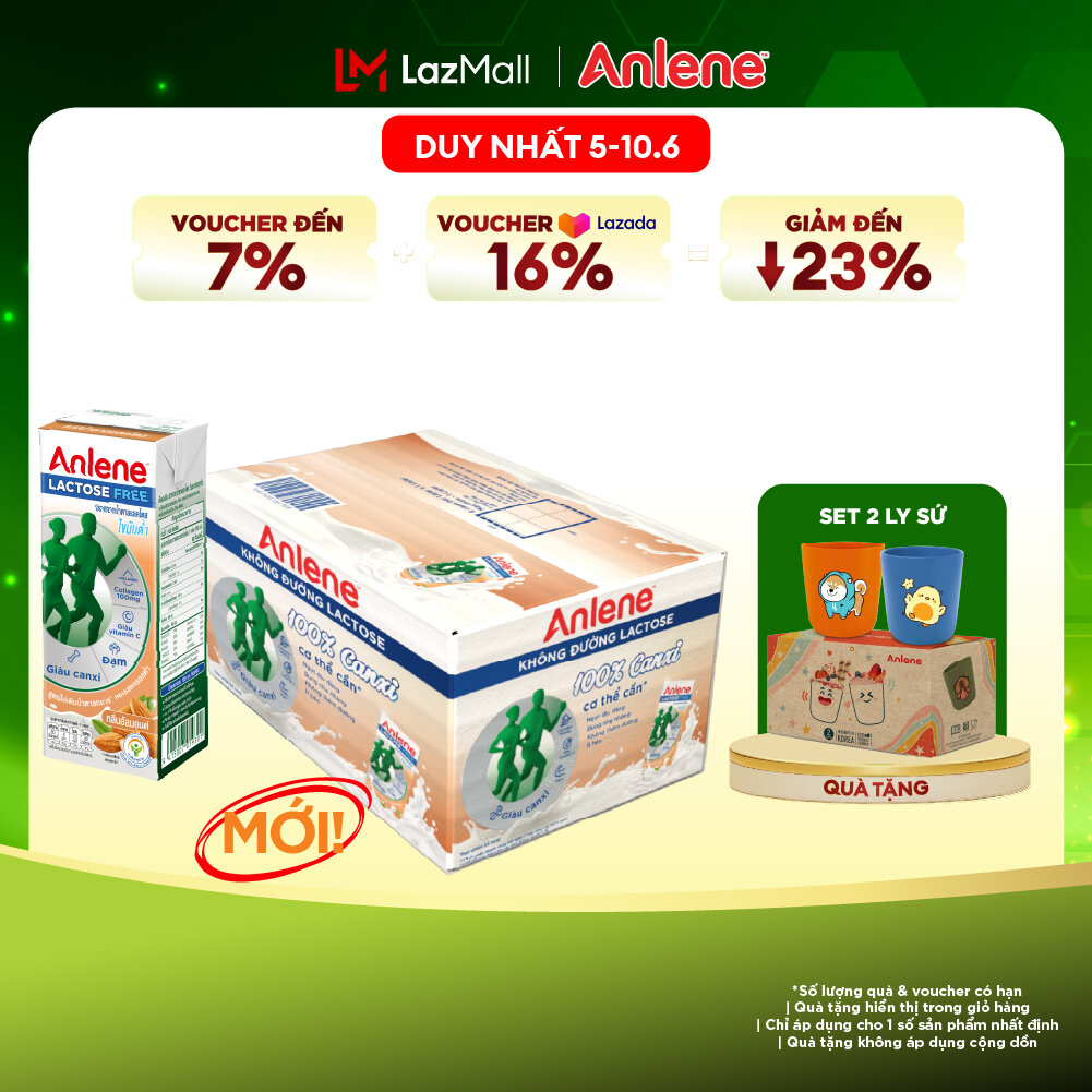 Thùng 18 hộp sữa Anlene không đường Lactose vị hạnh nhân 180ml