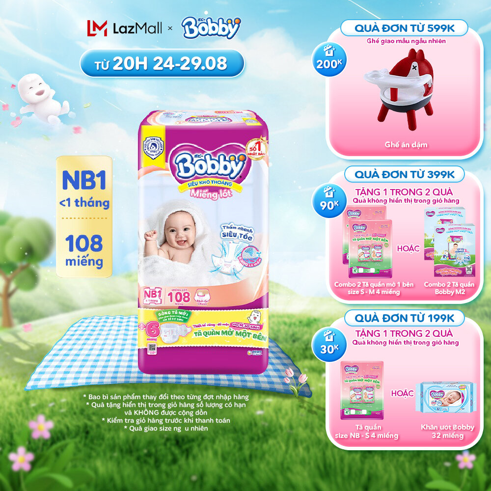 Miếng lót sơ sinh Bobby Newborn NB1 - 108 miếng - Siêu thấm khô thoáng (Tặng thêm 6 miếng Tã Quần Mở Một Bên)